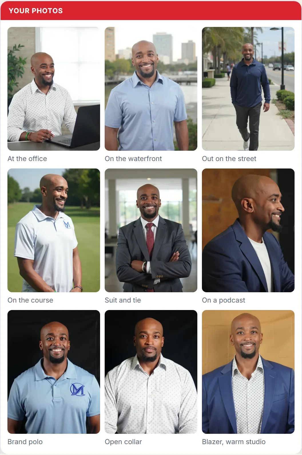 Nine AI-made photos of Daniel Booker in different outfits and places
